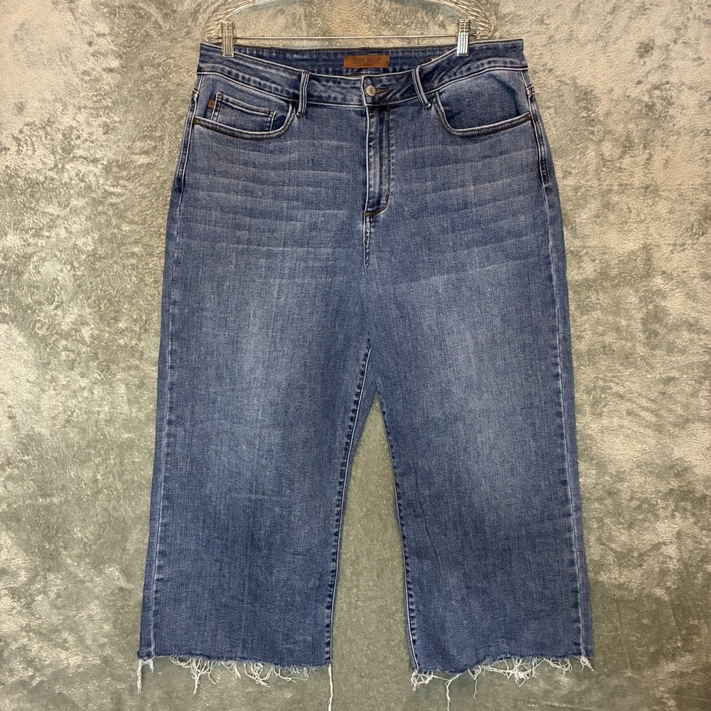 Judy Blue Womens High Waist Classic Raw Hem Crop Wide Leg Denim Jean 20W Plus